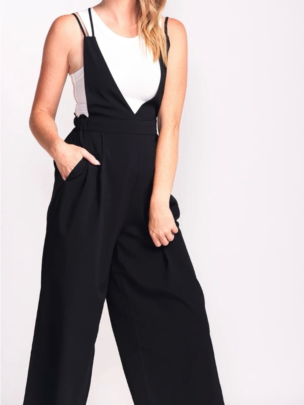 Dex Black Wide-Leg Pinafore Jumpsuit with Deep V Bib